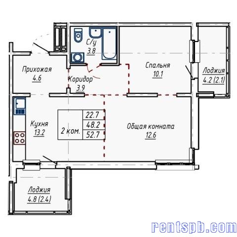 Продам квартиру  в новостройке     
2-к квартира  52.7 м²  на 8 этаже  16-этажного кирпичного дома